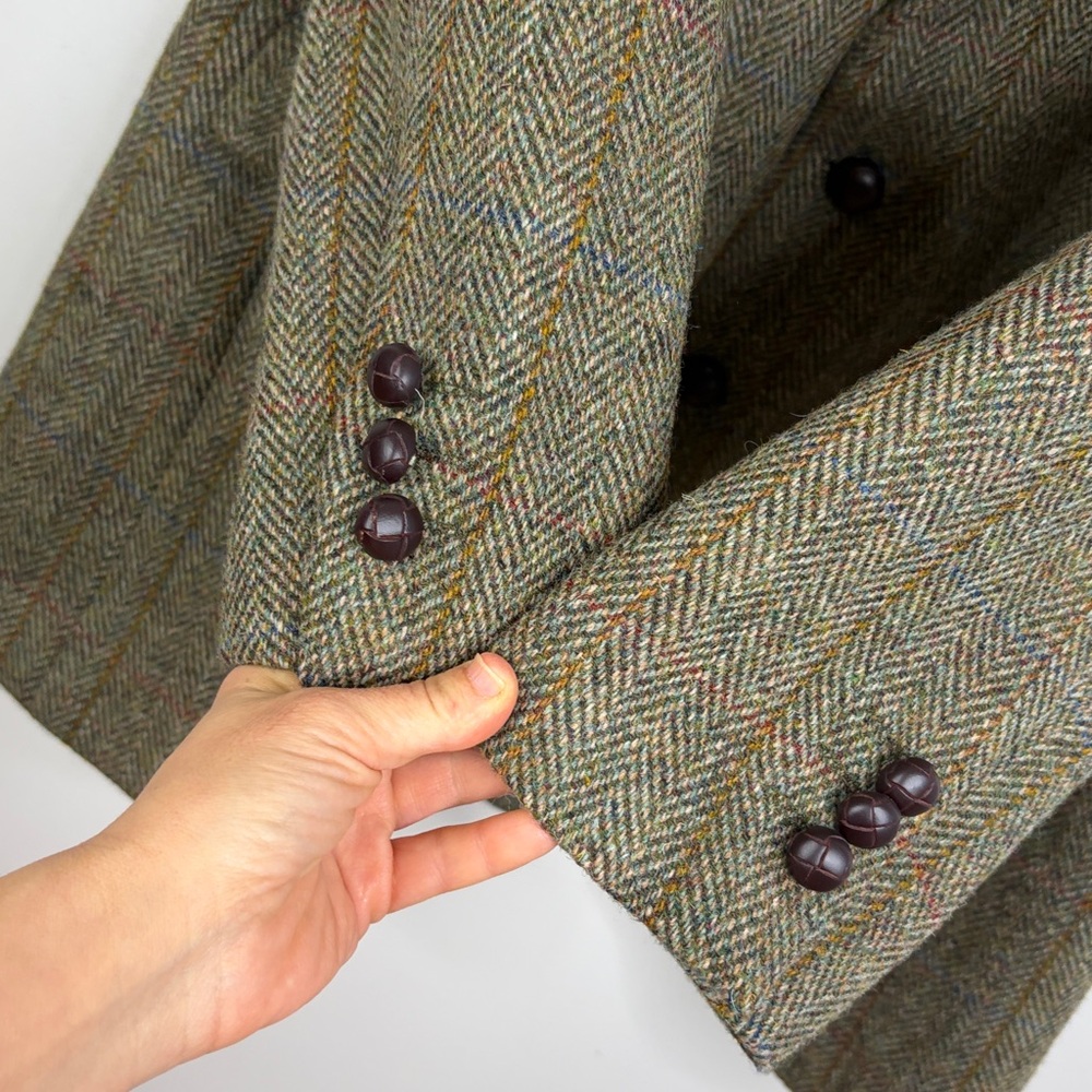 Harris Tweed Sport Coat Men 44L Brown Taupe Wool Herringbone Blue Stripe Blazer - Picture 9 of 16